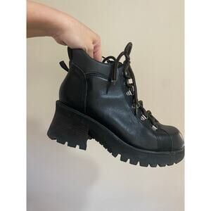 Cute! Vintage Black Leather Chunky Heel Lace Up Boots  Bratz Y2K Womems 7.5